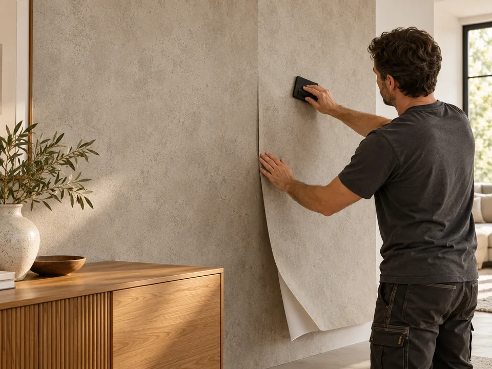 Profissional aplicando revestimento adesivo de textura cimentícia em uma parede